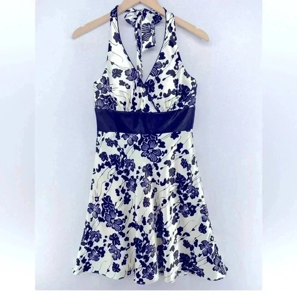 WHITE HOUSE BLACK MARKET Dress 4 Satin Floral Print Halter Black Off White - Picture 1 of 6